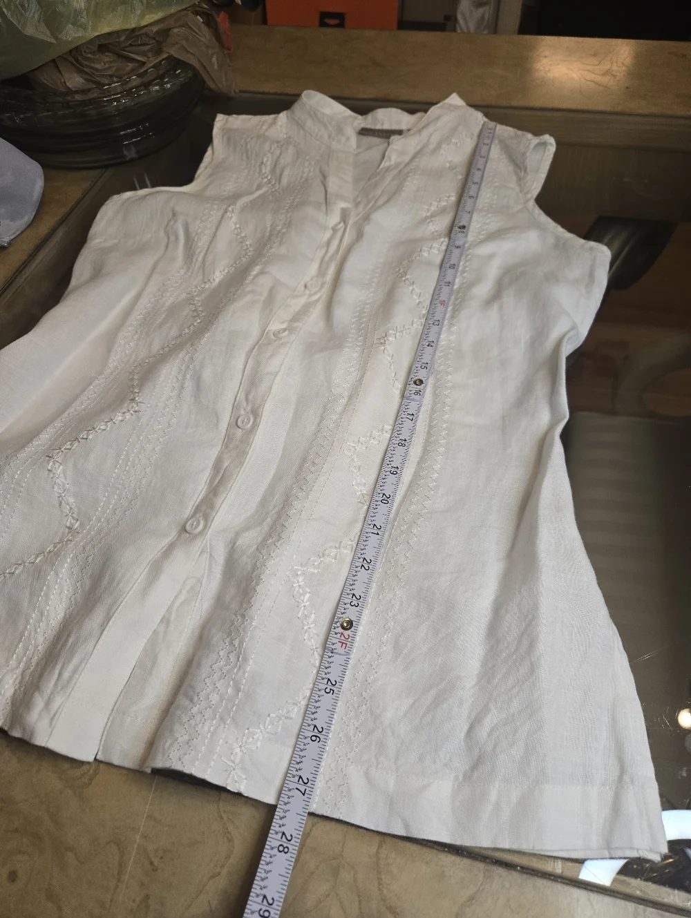 Kim Rogers White Sleeveless Embroidered Linen Button-Up Blouse Sz L - Picture 10 of 11
